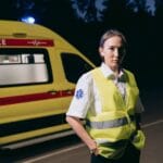 Ratowniczka medyczna przy karetce na nocnej zmianie w mieście